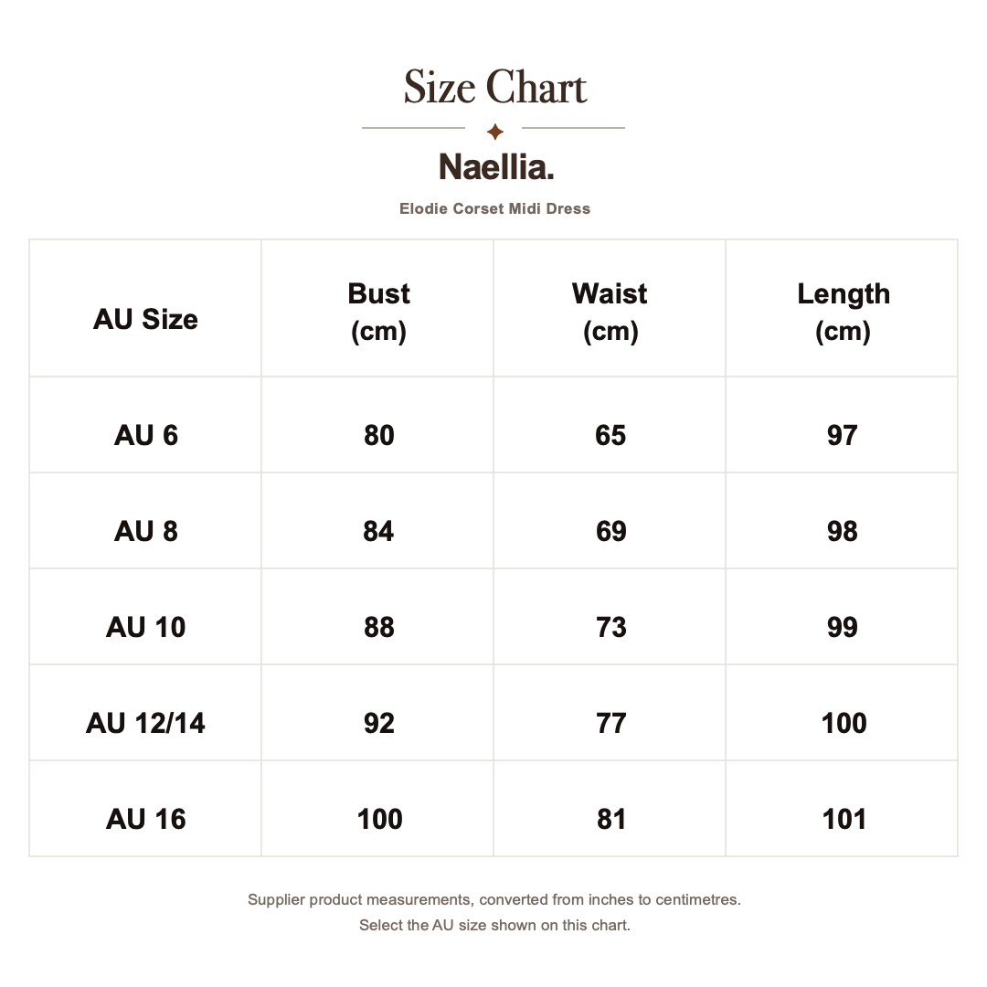 Elodie Corset Midi Dress — AU size chart