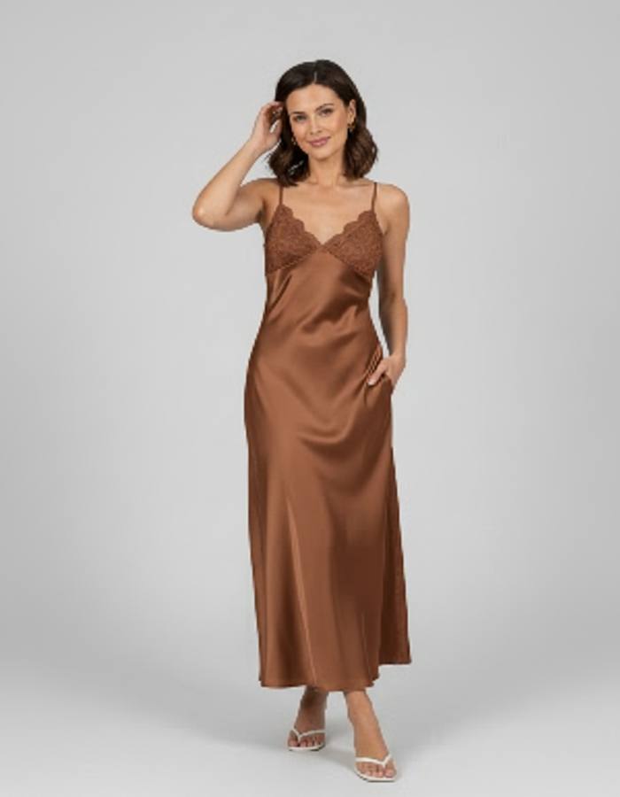 Lara Satin-Look Lace-Trim Midi Dress