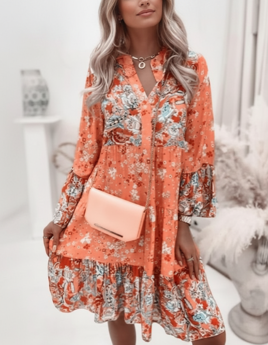 Celine Floral V-Neck A-Line Midi Dress