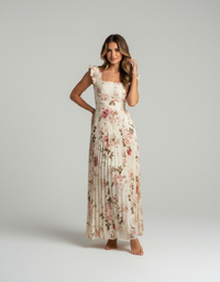 Gabrielle Floral Pleated Square-Neck Midi Dress