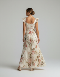 Gabrielle Floral Pleated Square-Neck Midi Dress