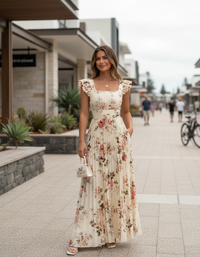 Gabrielle Floral Pleated Square-Neck Midi Dress