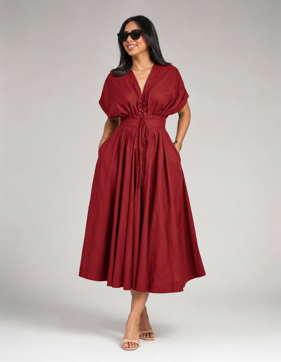 Faye Button-Front V-Neck Maxi Dress