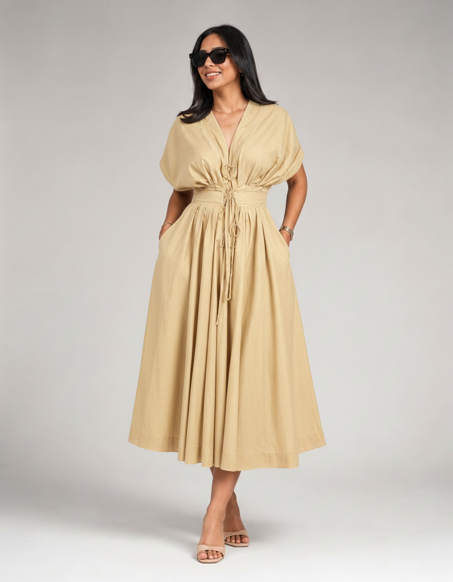 Faye Button-Front V-Neck Maxi Dress