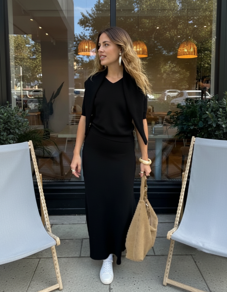 Kira Three-Piece Knit Top, Headscarf & Skirt Set
