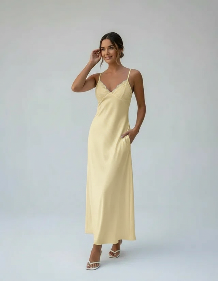 Stella Lace-Trim Satin-Look Maxi Slip Dress