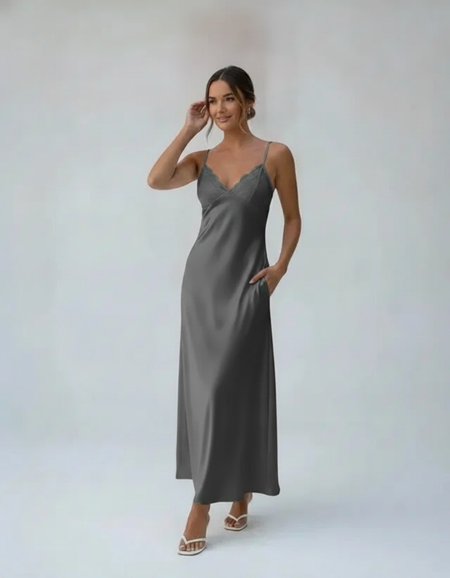 Stella Lace-Trim Satin-Look Maxi Slip Dress