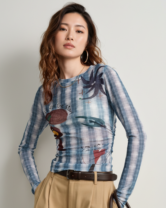 Ophira Printed Sheer Mesh Crop T-Shirt