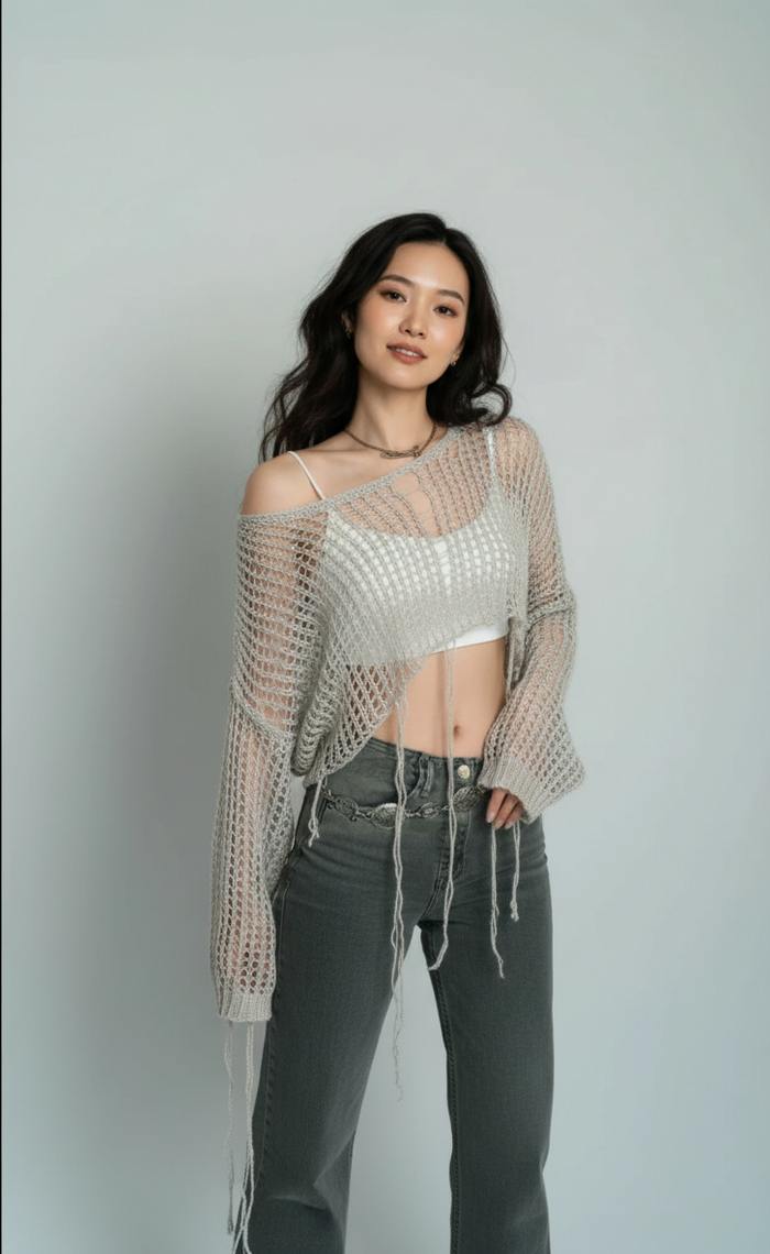 Sereia Distressed Open-Knit Crop Sweater