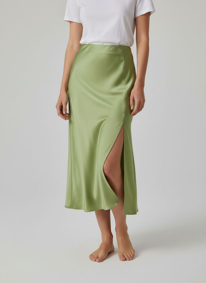 Lyra Satin-Look Slit A-Line Midi Skirt