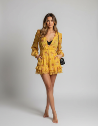 Annelore Floral Ruffle V-Neck Long-Sleeve Mini Dress