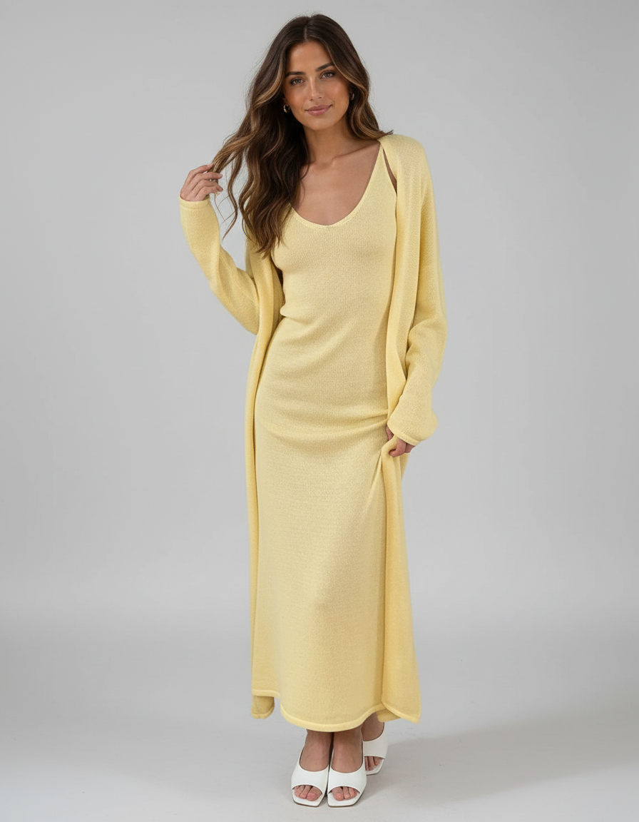 Cecily Cardigan, Vest & Dress Three-Piece Knit Set