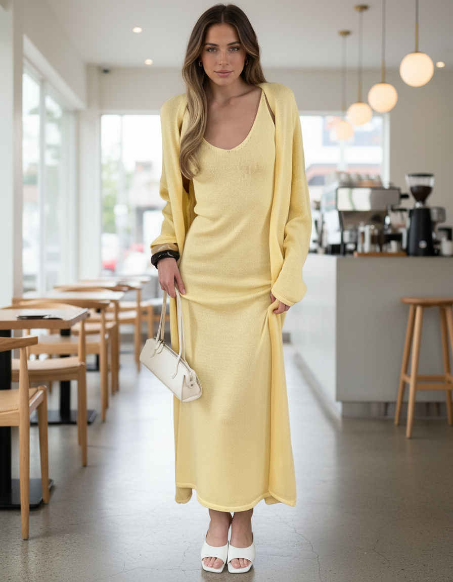 Cecily Cardigan, Vest & Dress Three-Piece Knit Set
