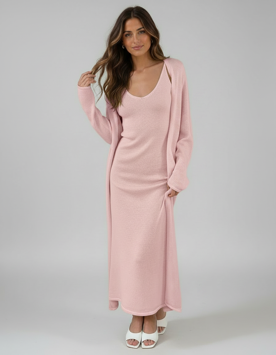 Cecily Cardigan, Vest & Dress Three-Piece Knit Set