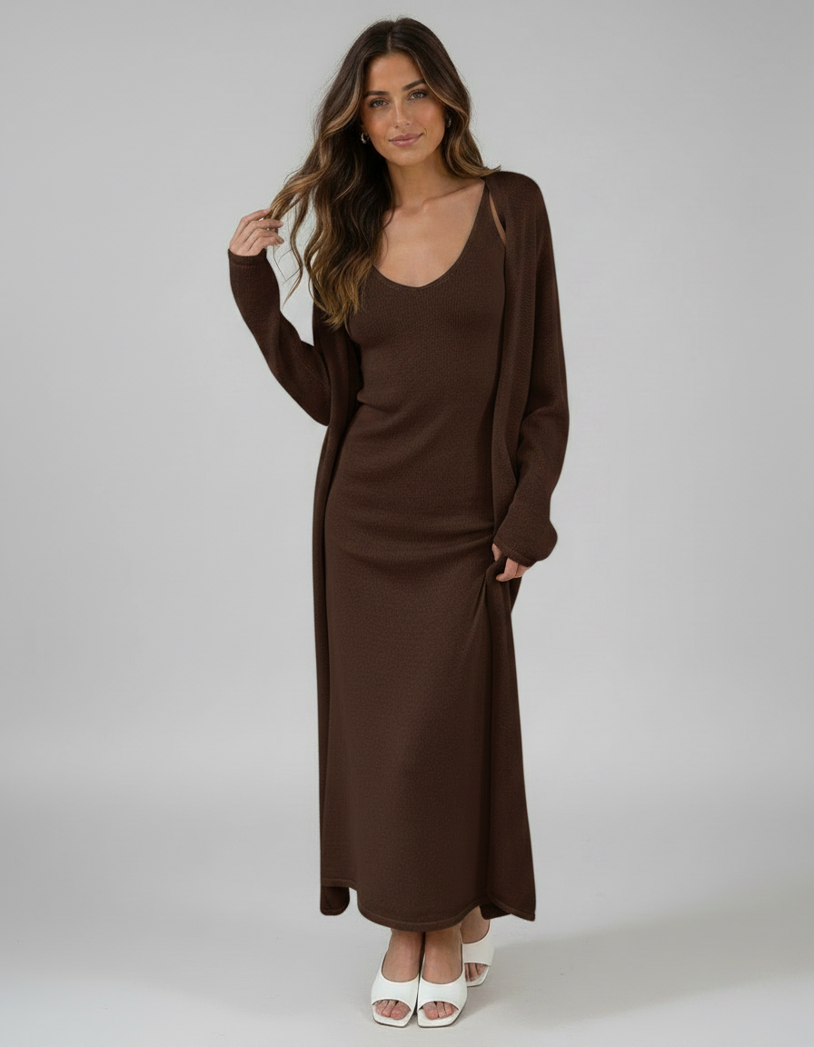 Cecily Cardigan, Vest & Dress Three-Piece Knit Set