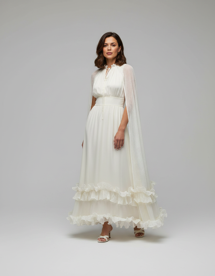 Cymbeline Cape-Detail Ruffle-Hem Maxi Evening Dress