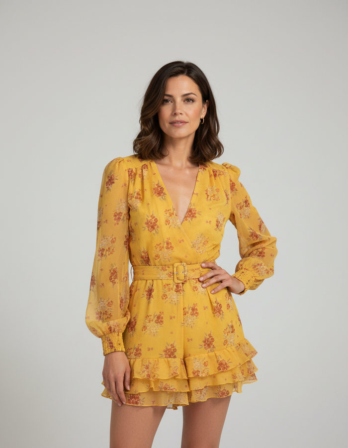 Clemence Floral Deep-V Long-Sleeve A-Line Mini Dress