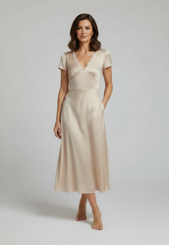 Valeria Satin-Look Lace-Trim V-Neck Midi Dress