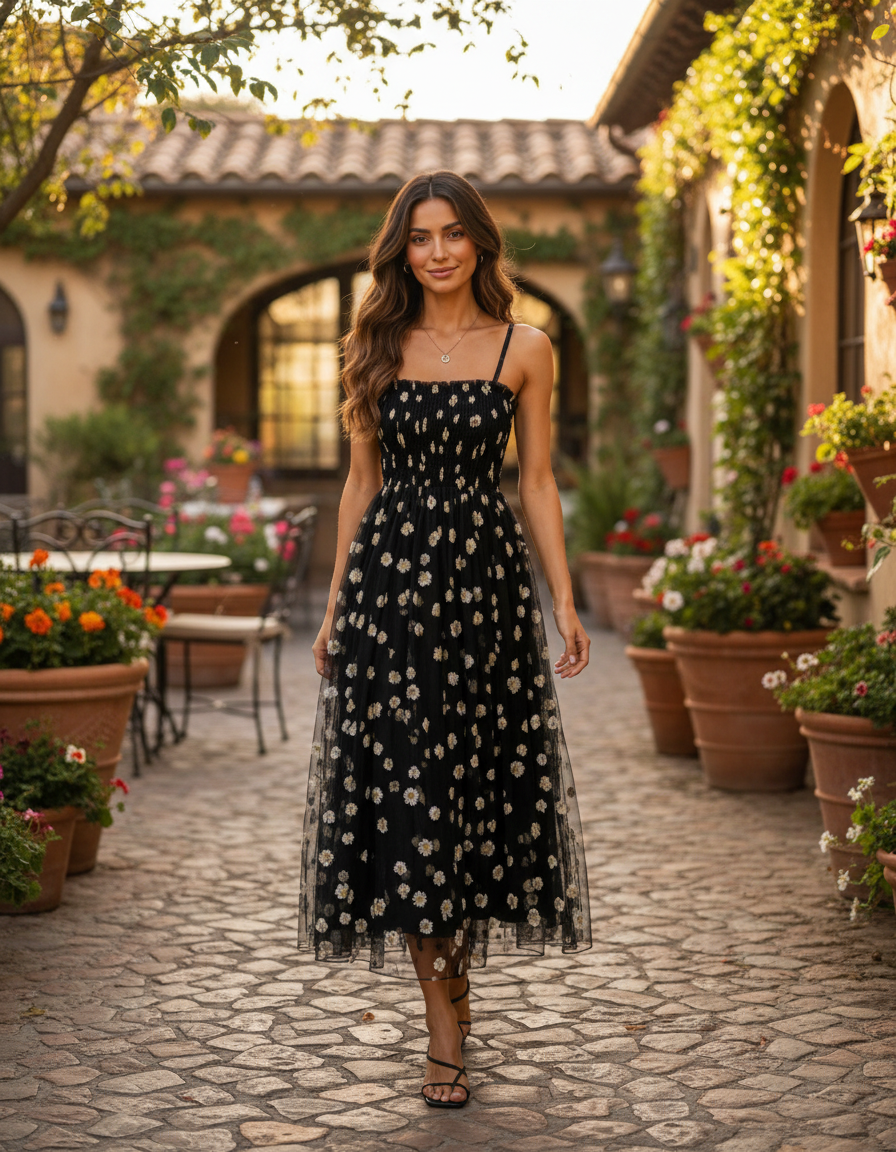 Clarisse Daisy-Print Mesh Midi Dress