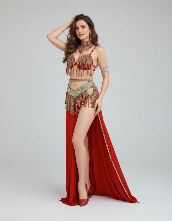 Belinda Rhinestone Tassel Bra & Maxi Skirt Dance Set