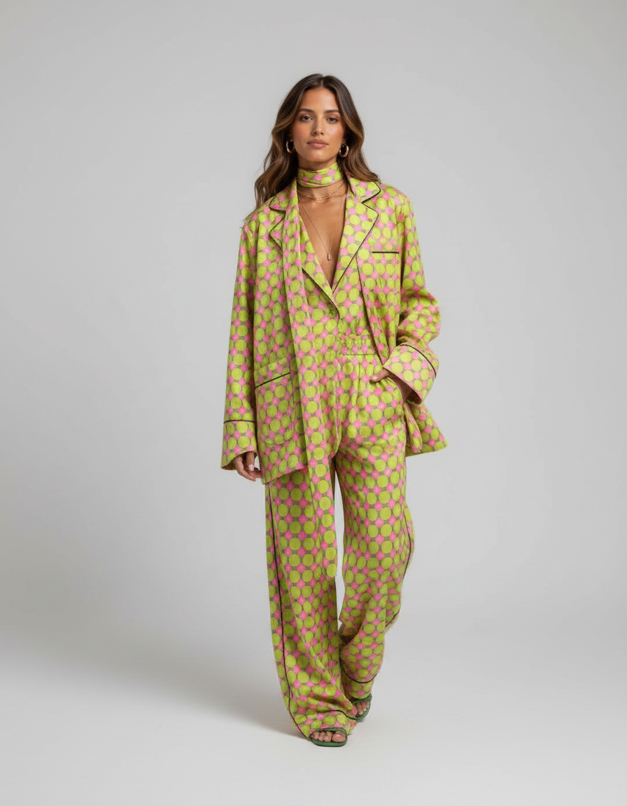 Fabienne Plaid Blazer, Shirt & Wide-Leg Trouser Set