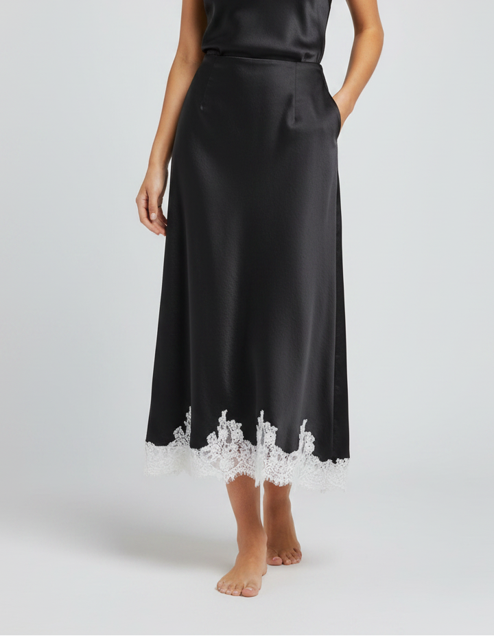 Natalia Satin-Look Lace-Patchwork Midi Skirt