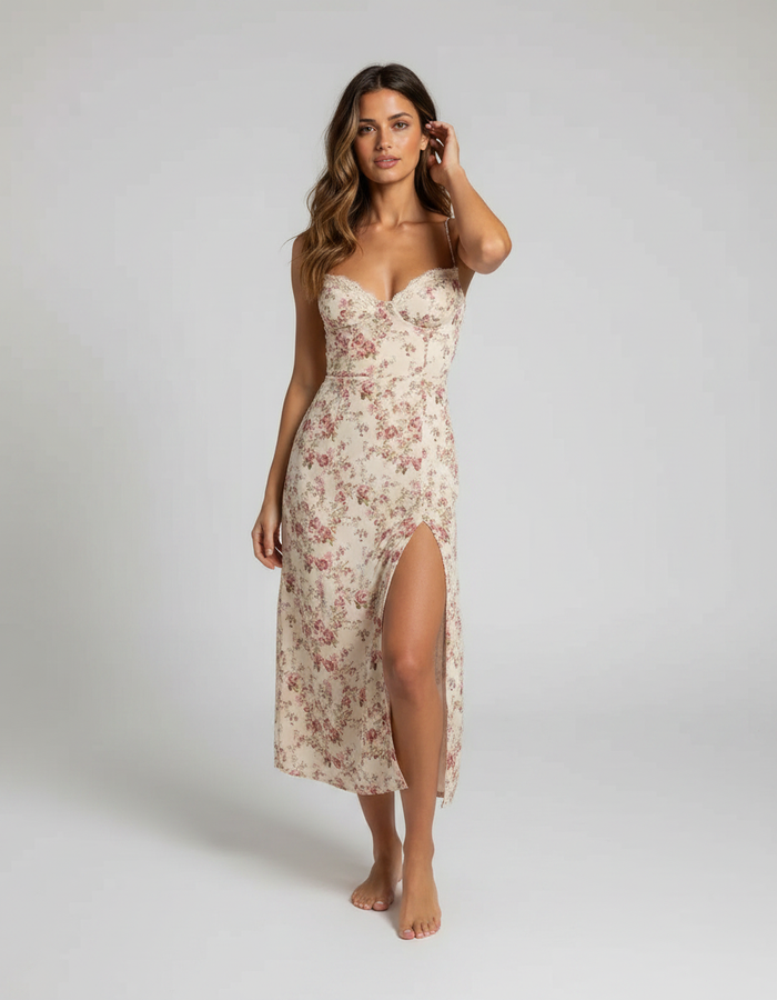 Raphaelle Printed High-Slit Slip Midi Dress