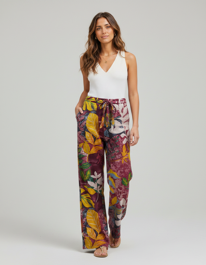 Amaryllis Floral Drawstring Wide-Leg Trousers