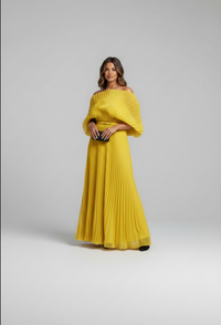 Anaxandra Pleated Cape-Sleeve Maxi Evening Gown