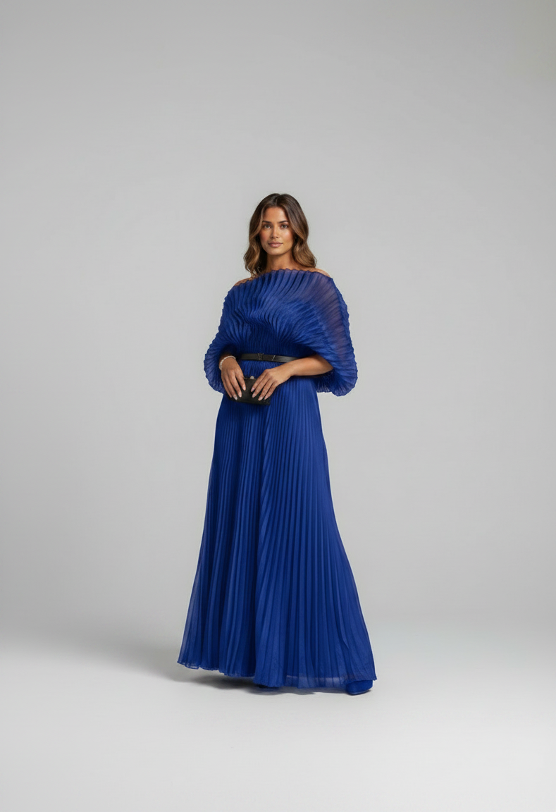 Anaxandra Pleated Cape-Sleeve Maxi Evening Gown