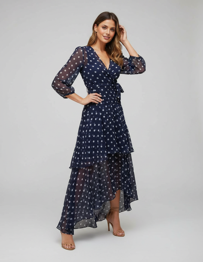 Eudora Polka-Dot Pleated V-Neck Evening Dress