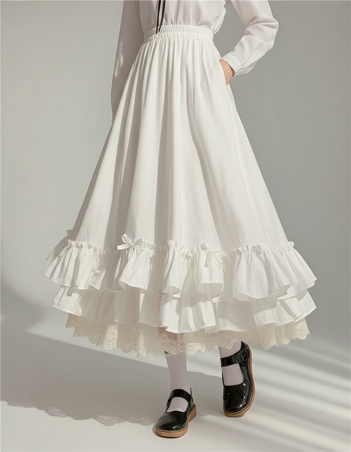Meriina Lace-Patchwork Bow Midi Skirt