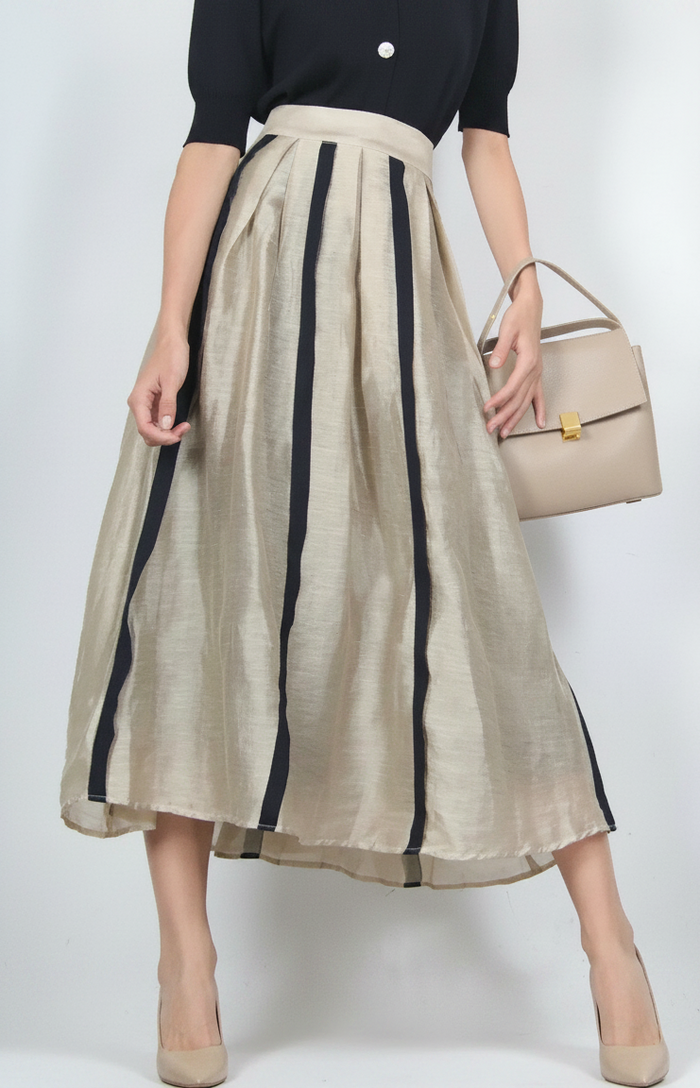 Meriissa Striped-Patchwork Pleated Midi Skirt
