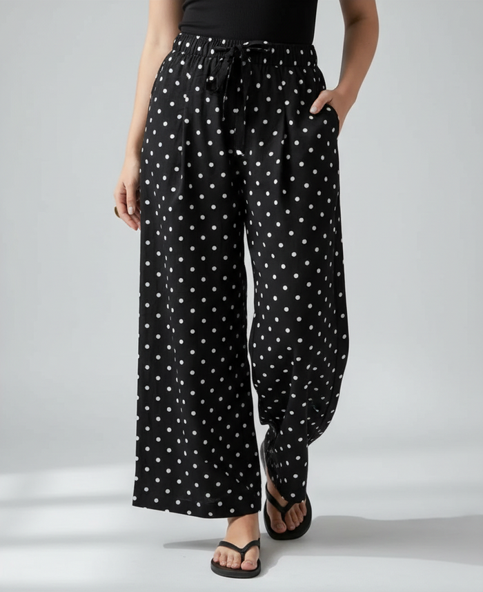Rosiyne Polka-Dot Cotton-Linen Wide-Leg Trousers