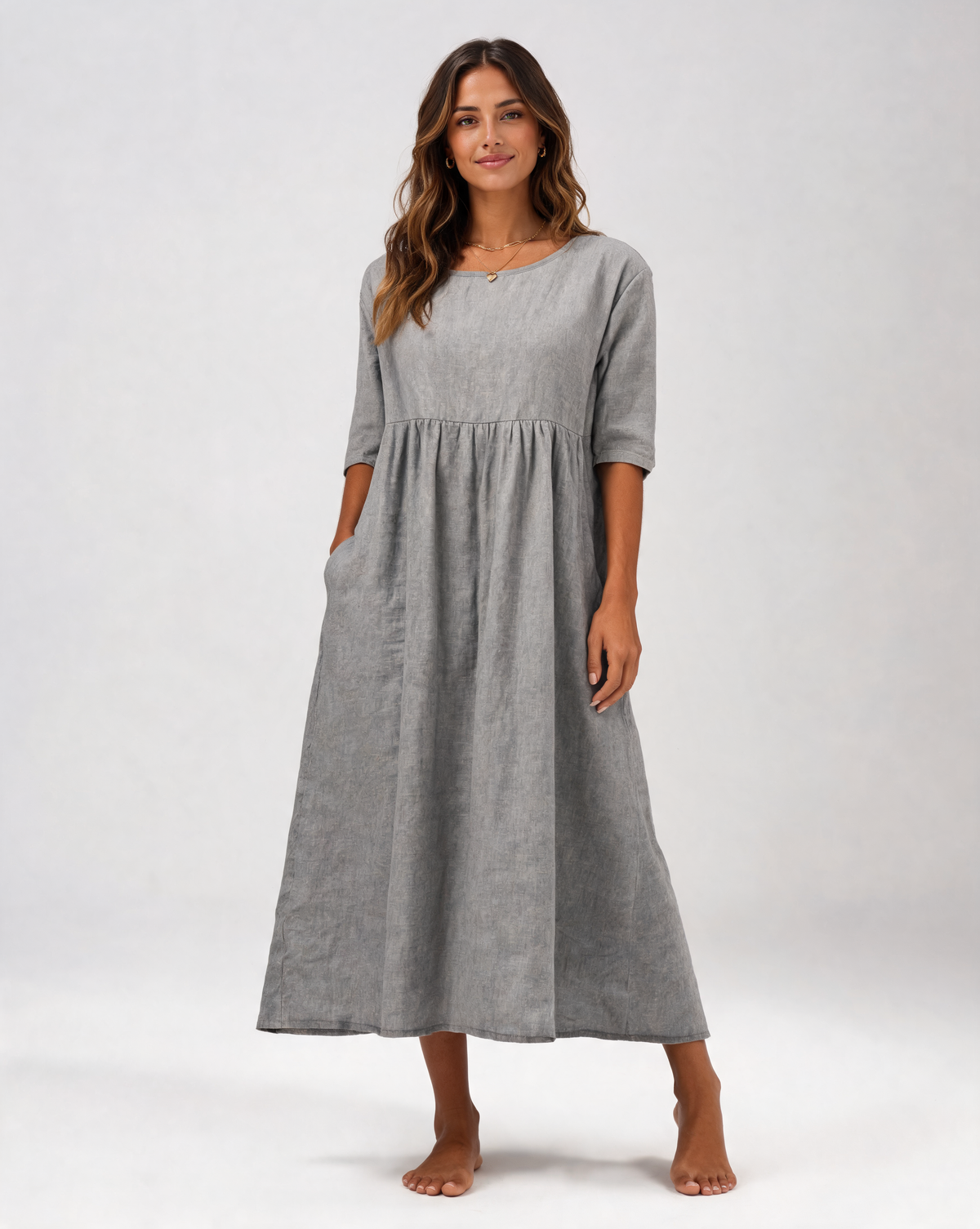 Basilia Gathered-Waist Round-Neck Midi Dress