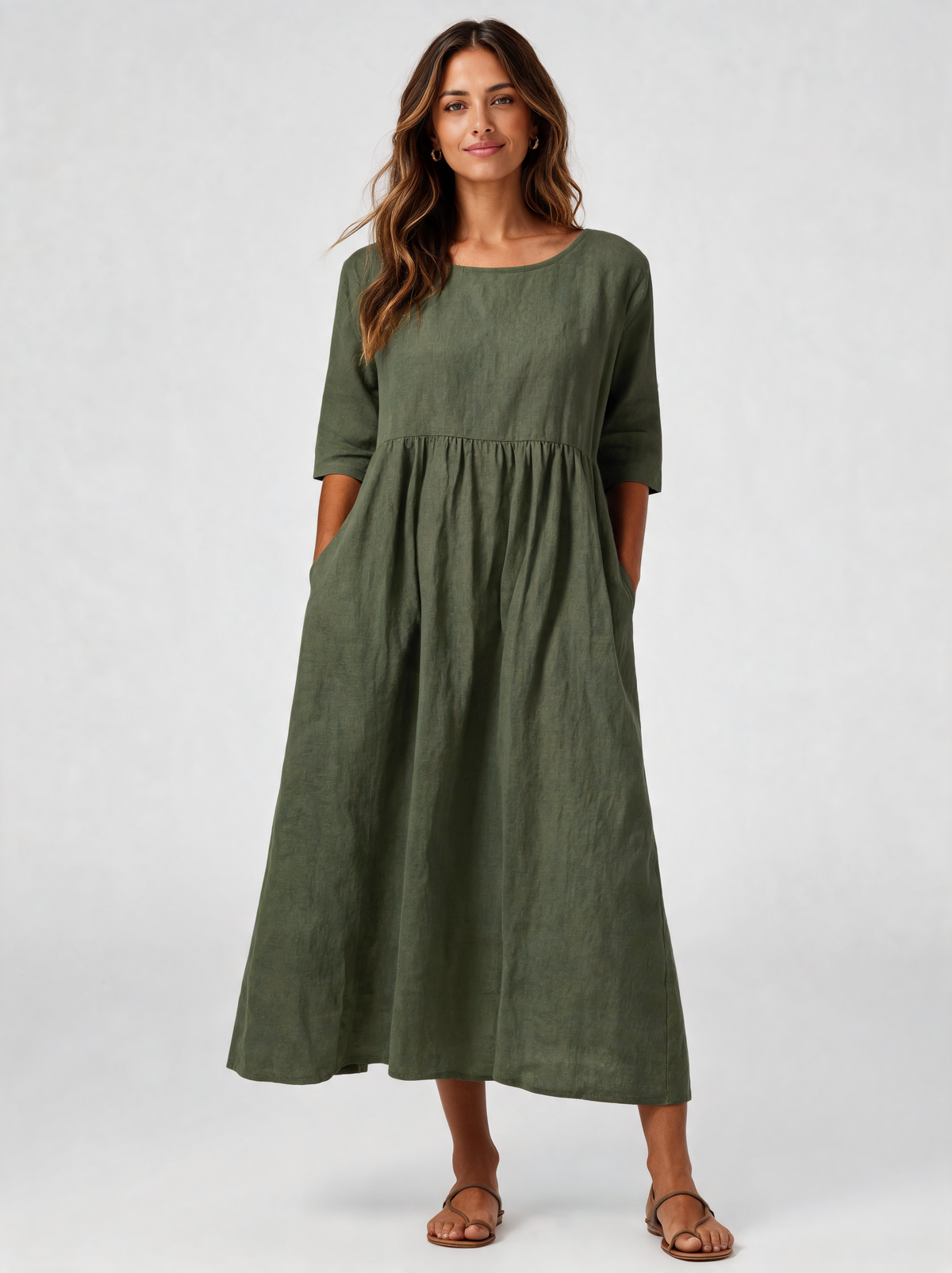 Basilia Gathered-Waist Round-Neck Midi Dress