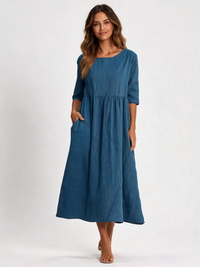 Basilia Gathered-Waist Round-Neck Midi Dress