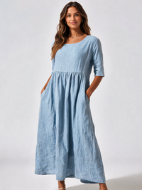 Basilia Gathered-Waist Round-Neck Midi Dress