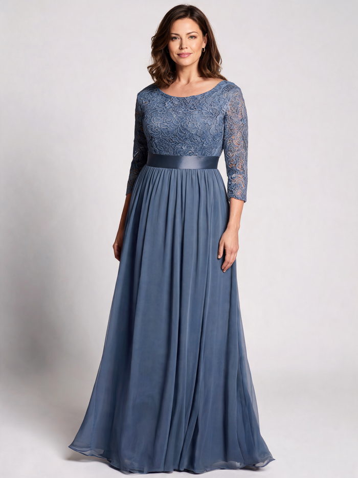 Ulyssa Curve Lace-Bodice Ruched-Waist Evening Gown