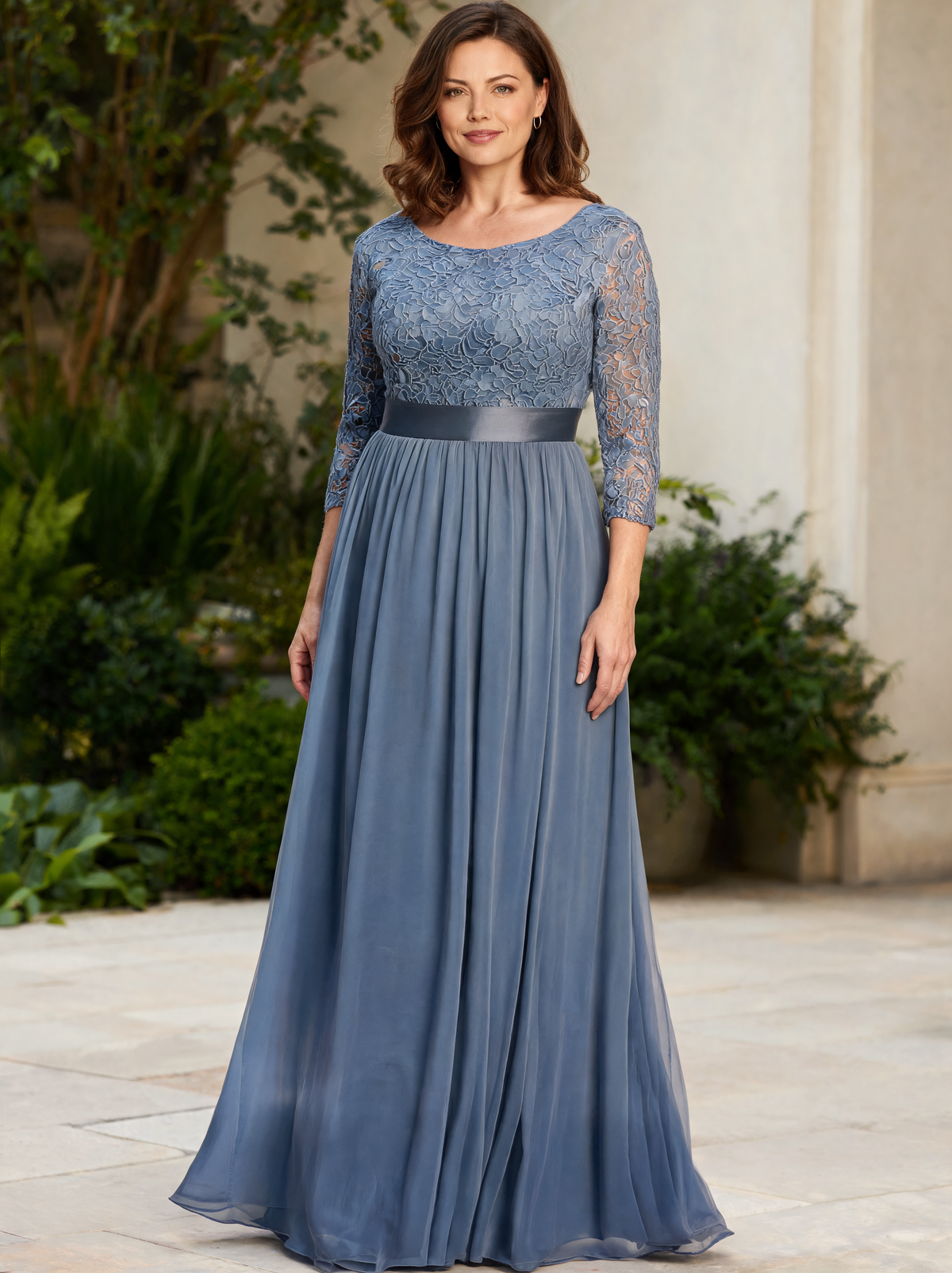 Ulyssa Curve Lace-Bodice Ruched-Waist Evening Gown