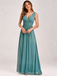 Sylvana V-Neck Sheer-Sleeve Shimmer Maxi Dress