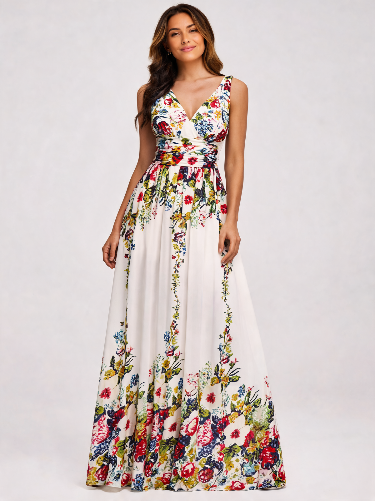 Sylvana V-Neck Sheer-Sleeve Shimmer Maxi Dress