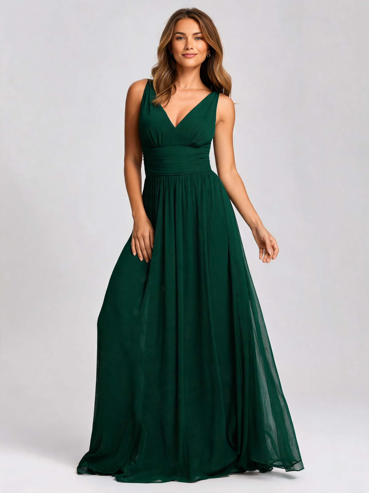 Sylvana V-Neck Sheer-Sleeve Shimmer Maxi Dress
