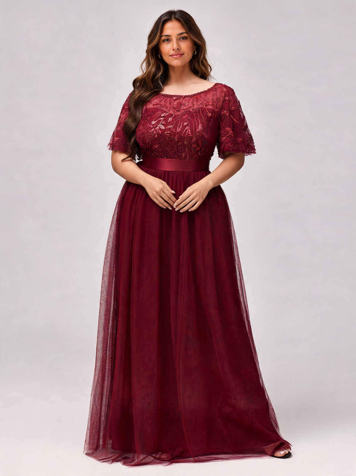 Natalina Curve Sequin-Leaf Ruffle-Sleeve Evening Gown