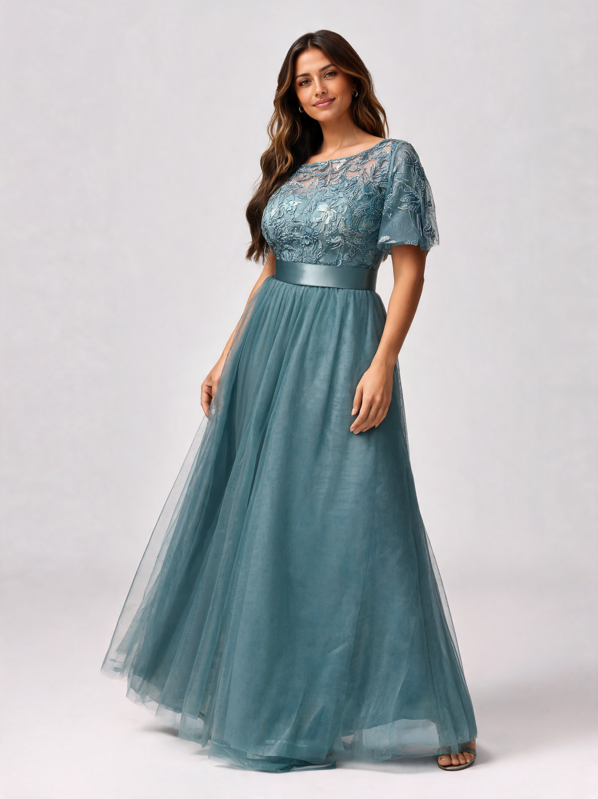 Natalina Curve Sequin-Leaf Ruffle-Sleeve Evening Gown