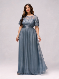 Natalina Curve Sequin-Leaf Ruffle-Sleeve Evening Gown