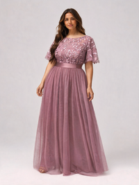 Natalina Curve Sequin-Leaf Ruffle-Sleeve Evening Gown