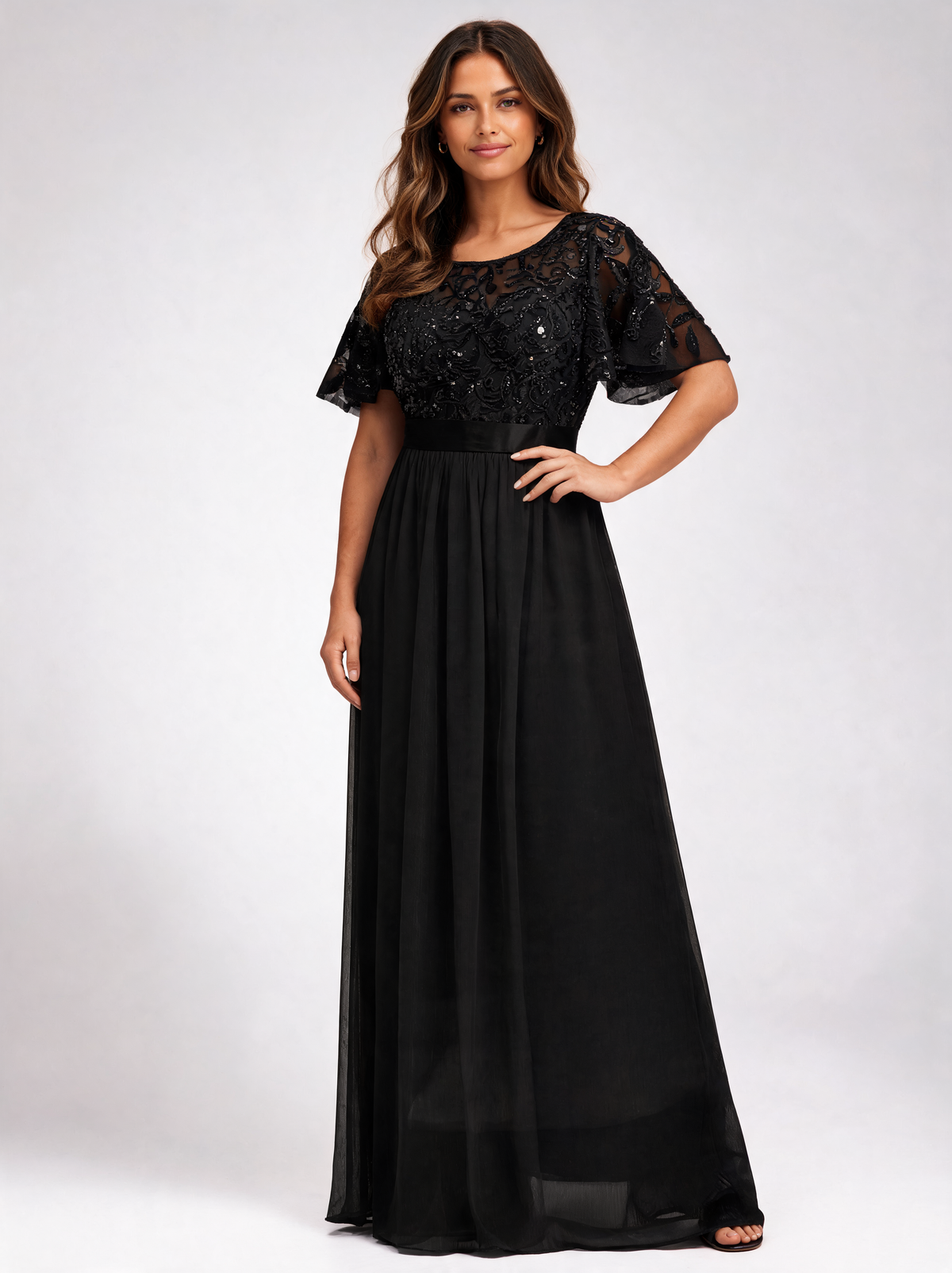 Natalina Curve Sequin-Leaf Ruffle-Sleeve Evening Gown