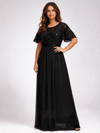 Natalina Curve Sequin-Leaf Ruffle-Sleeve Evening Gown