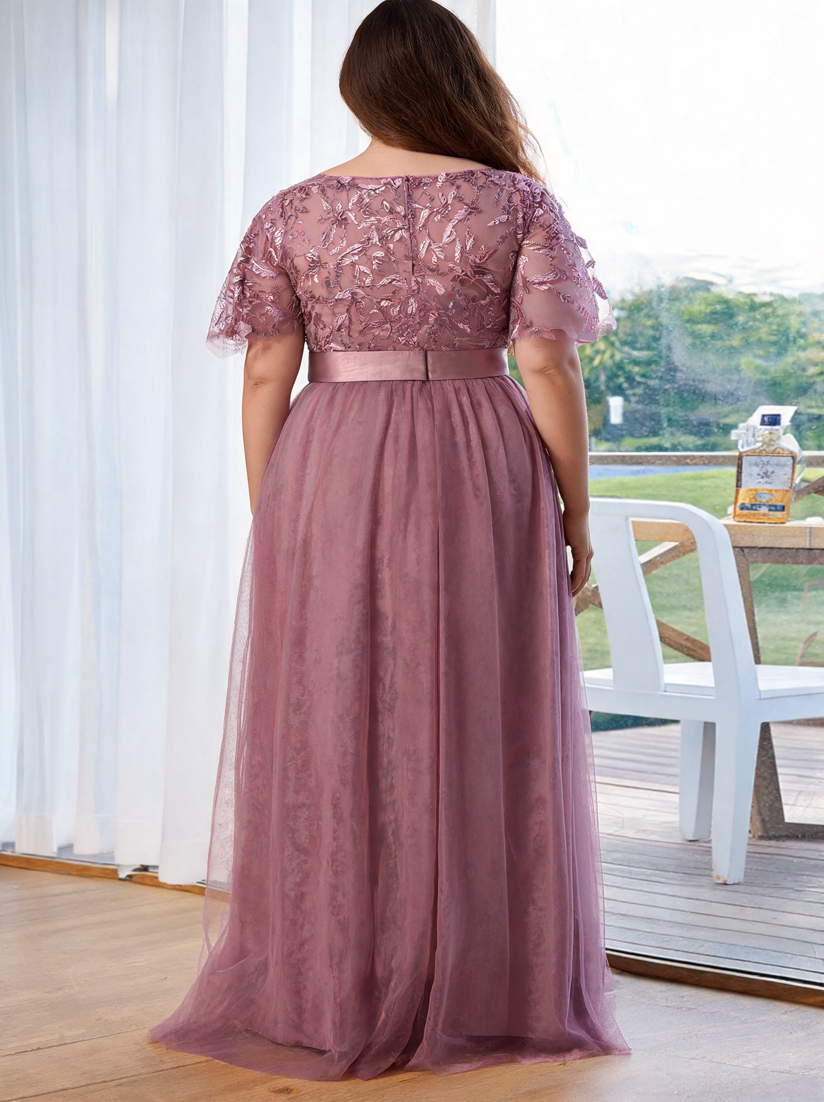 Natalina Curve Sequin-Leaf Ruffle-Sleeve Evening Gown
